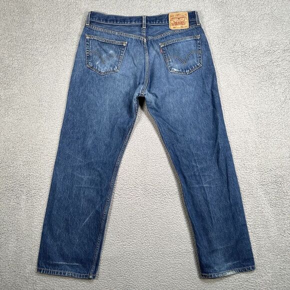 Levis 501 Jeans Mens 38x33 Blue Straight Fit Button Fly‎ Denim Logo (36x29) - Picture 12 of 15